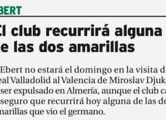El Valladolid recurrirá alguna de las dos amarillas de Ebert
