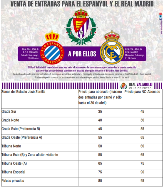 Coche amplitud Disfrazado Precios de las entradas para el partido contra el Real Madrid - Pucela  Fichajes