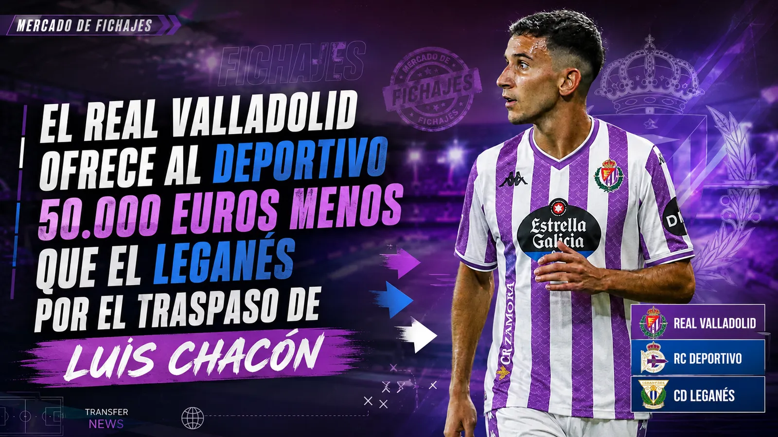 SER: El Real Valladolid ofrece al Deportivo 50.000 euros menos que el Leganés por el traspaso de Luis Chacón