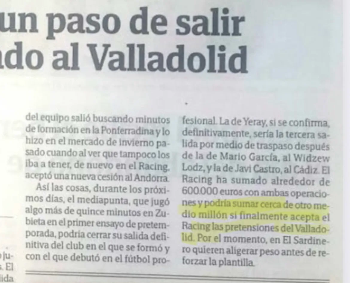 DIARIO MONTAÑÉS insiste: el Real Valladolid pagaría cerca de 500.000 euros por Yeray Cabanzón