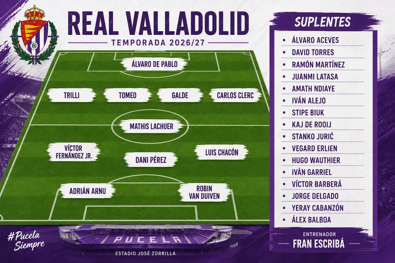 Alineación del Real Valladolid para jugar contra el Coria