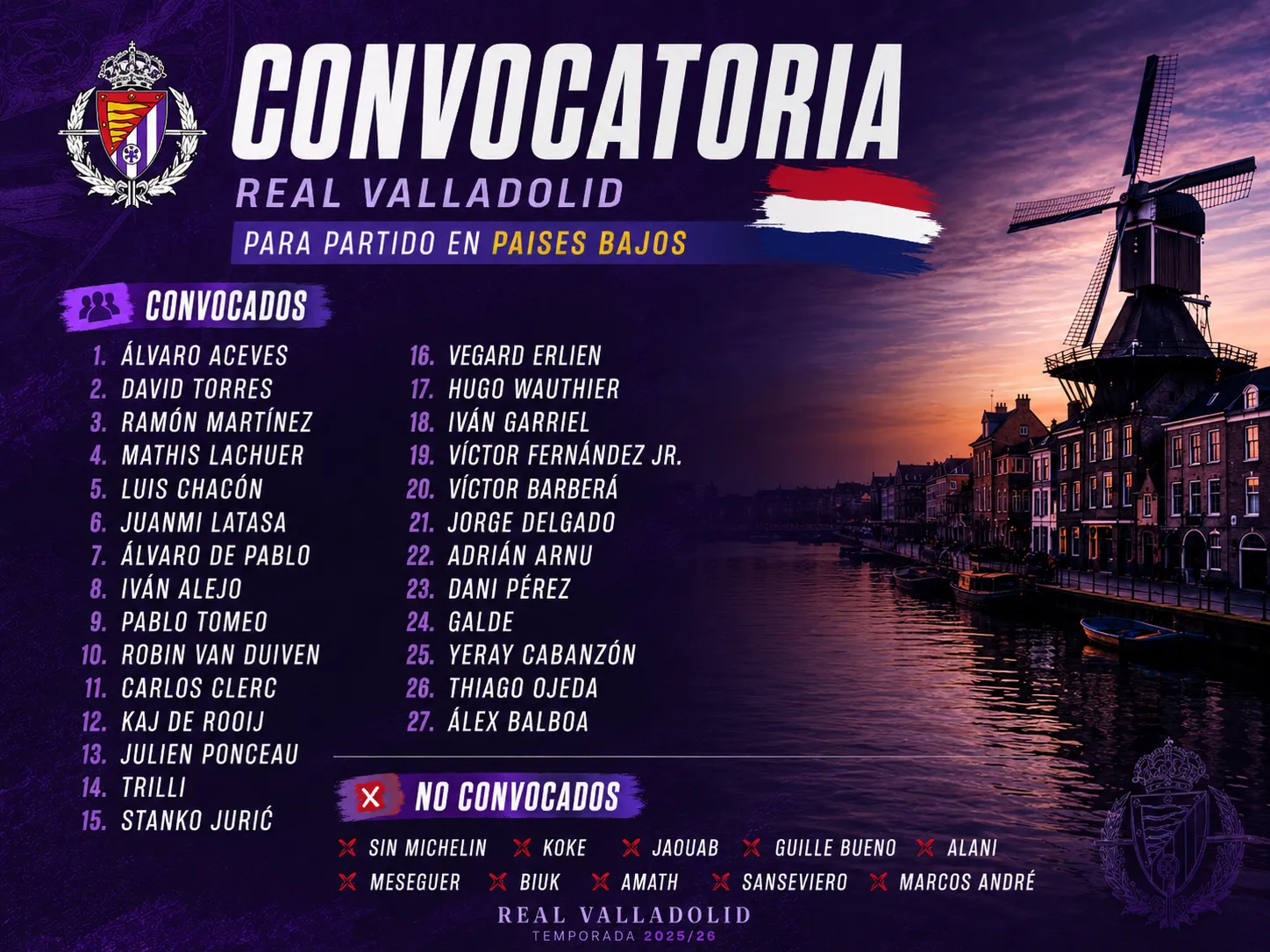 El Real Valladolid anuncia una convocatoria de 27 jugadores para el amistoso en Países Bajos