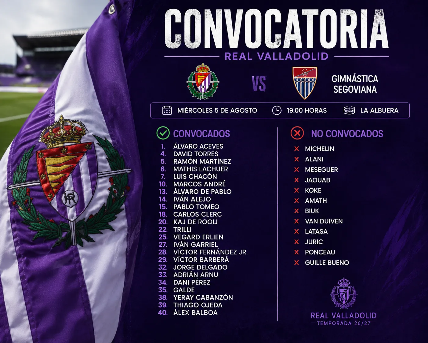 El Real Valladolid anuncia la convocatoria para medirse a la Gimnástica Segoviana