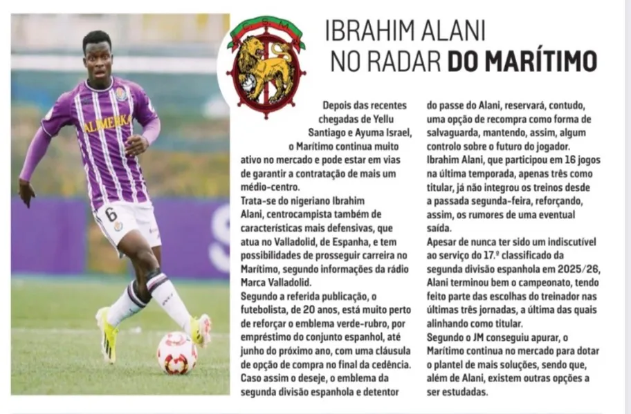 El fichaje de Alani por el Marítimo en la prensa impresa portuguesa