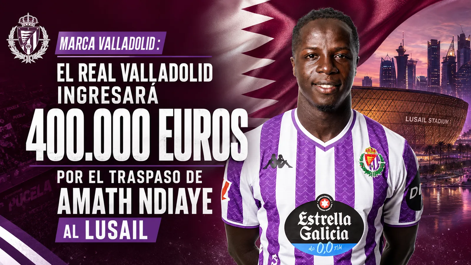 MARCA VALLADOLID: El Real Valladolid ingresará 400.000 euros por el traspaso de Amath Ndiaye al Lusail