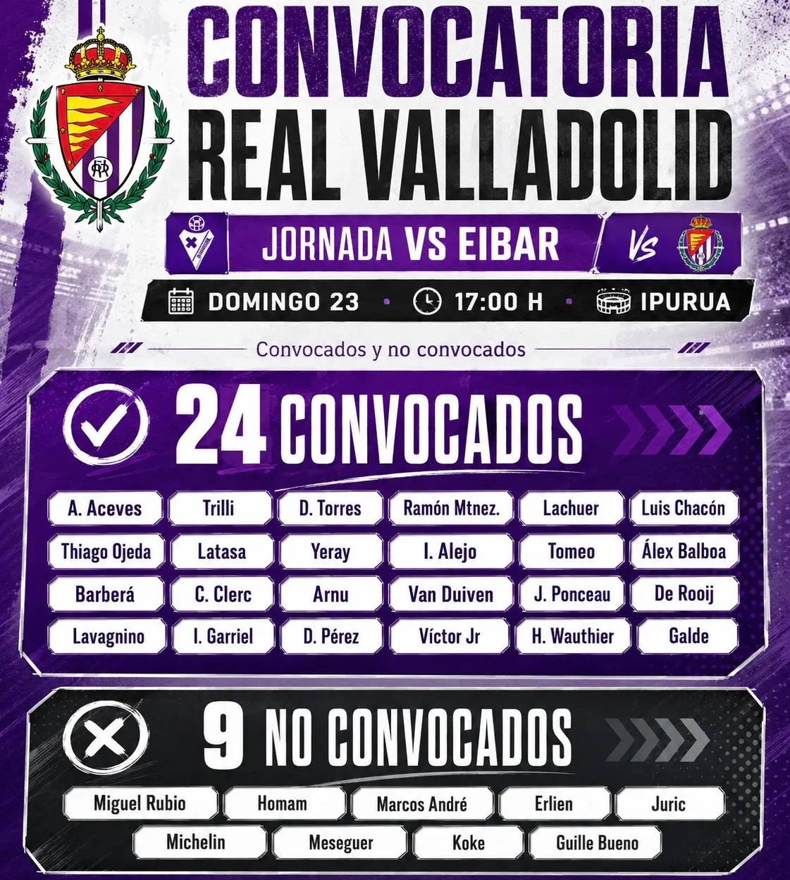 El Real Valladolid cita a 24 jugadores para visitar al Eibar: nueve futbolistas se quedan fuera