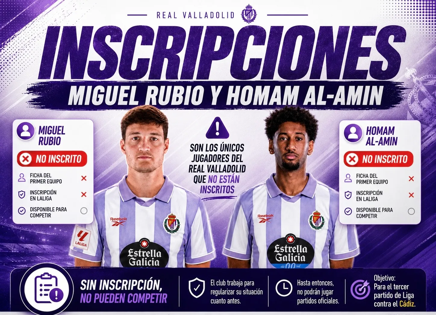 Miguel Rubio y Homam Al-Amin son los únicos jugadores del Real Valladolid que faltan por inscribir
