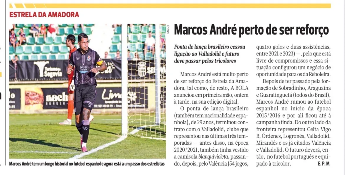 El fichaje de Marcos André por Estrela da Amadora en la prensa impresa portuguesa