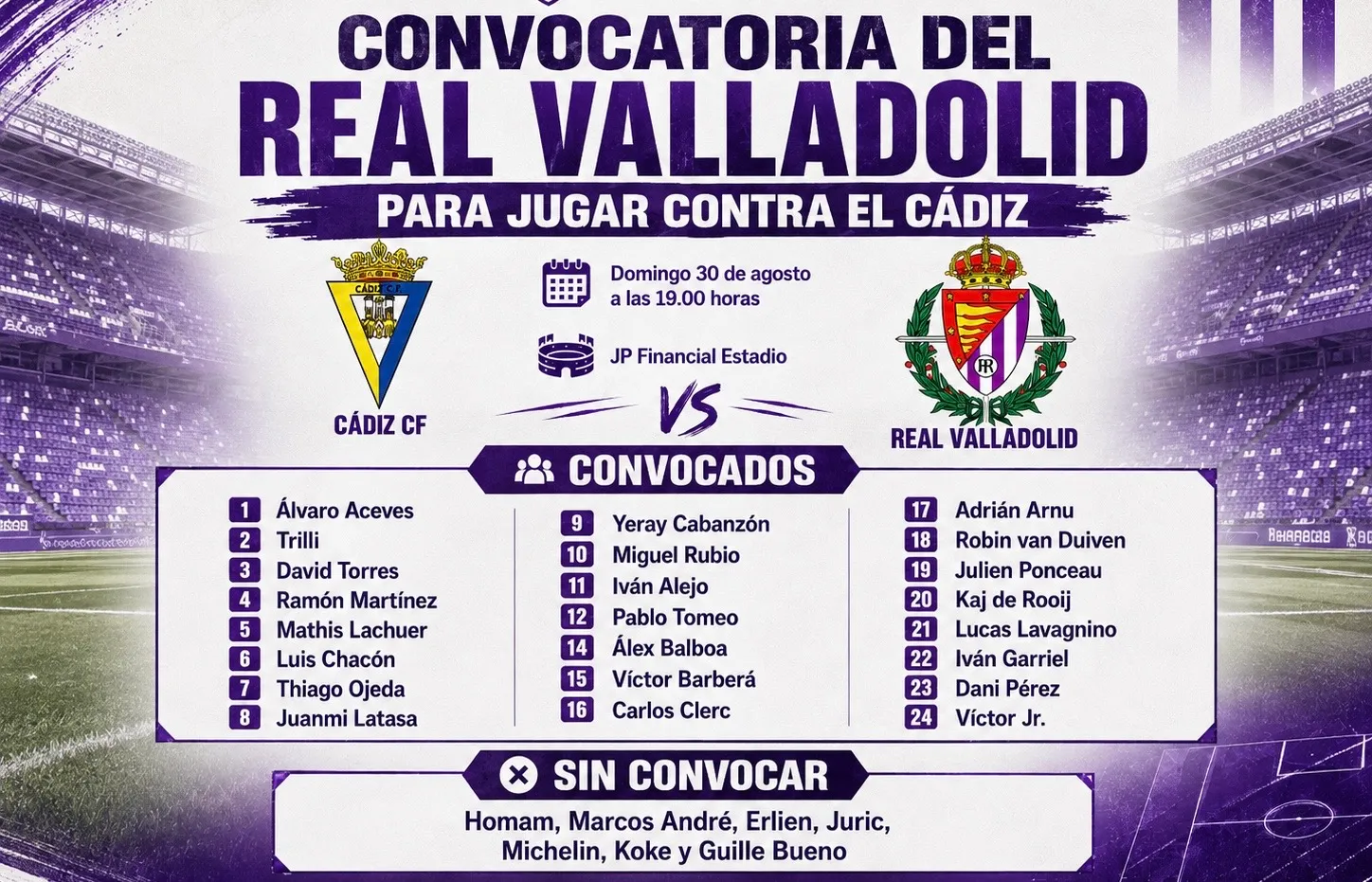 Convocatoria del Real Valladolid para visitar al Cádiz con la novedad de Miguel Rubio