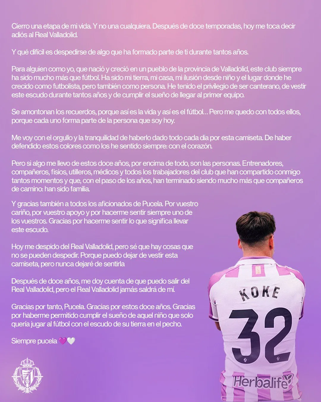 Koke Iglesias se despide del Real Valladolid tras doce temporadas: «El Real Valladolid jamás saldrá de mí»