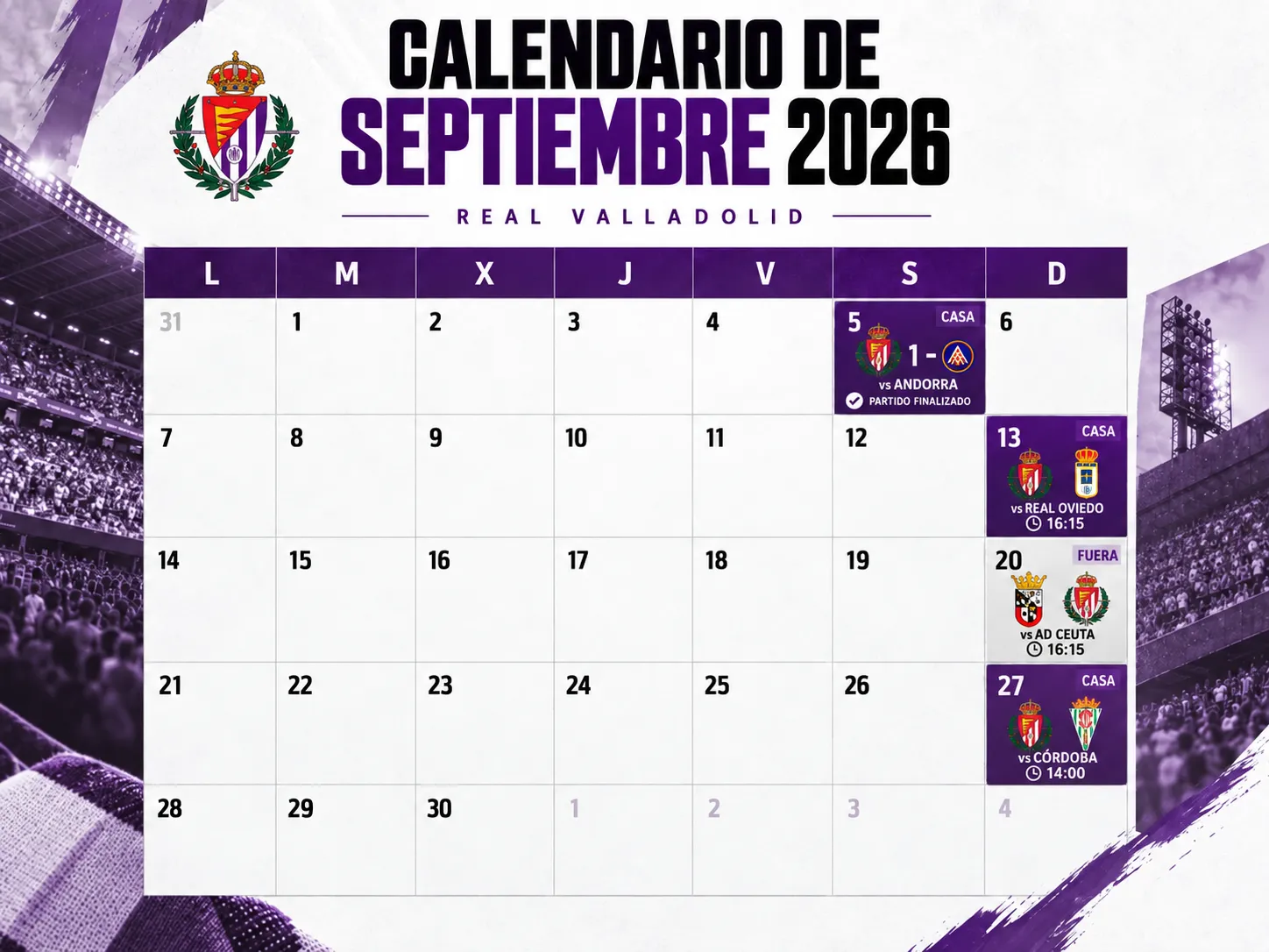 Calendario de los partidos de septiembre 2026 del Real Valladolid