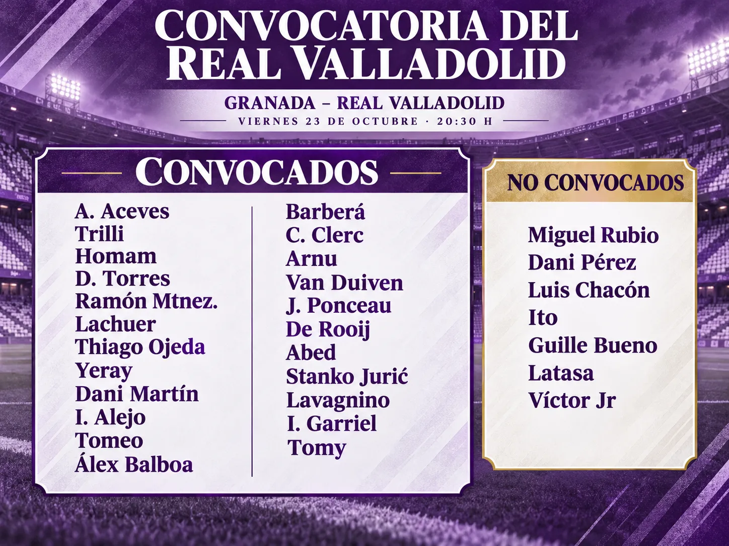 Convocatoria del Real Valladolid para jugar contra el Granada